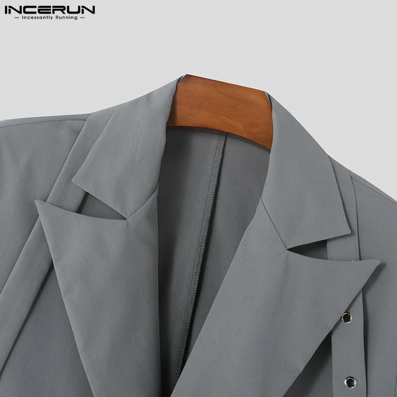 INCERUN Korean Fashion Men Blazer Casual Long Sleeve Solid Tops Pocket Button Steetwear Male Outfits Well Fitting Vintage Coats