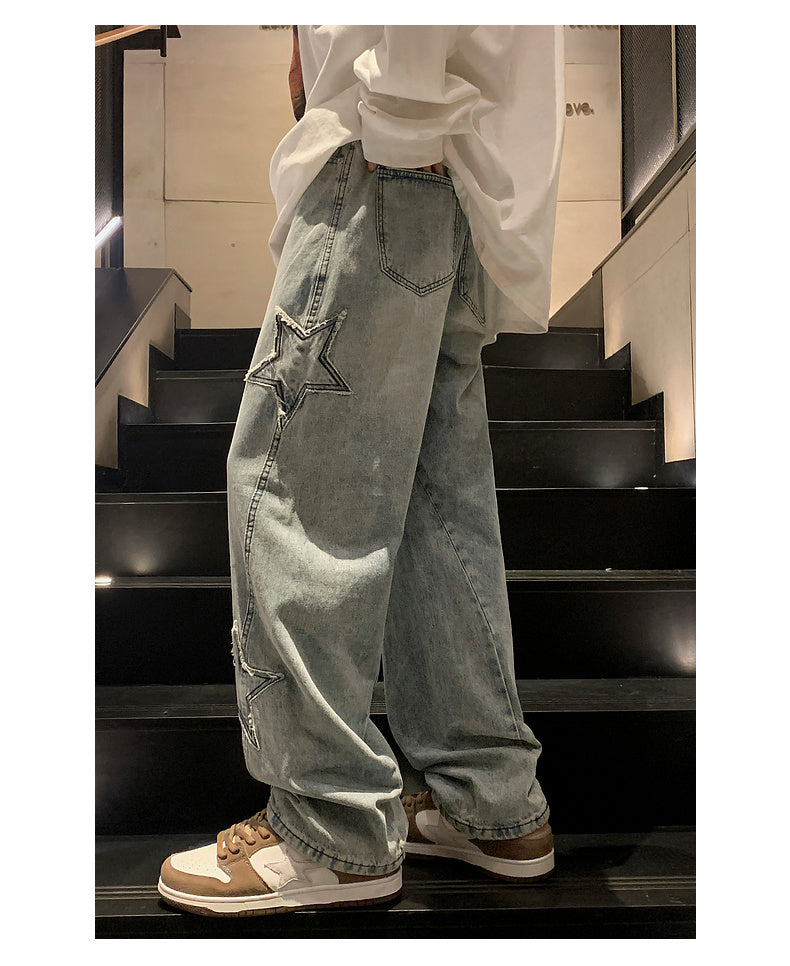 Star Embroidery Straight Casual Men Jeans Gothic Neutral New Wide Leg Loose Hip-hop Fashion Youth Streetwear Denim Trousers Y2K
