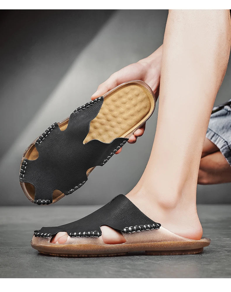Large Men's Summer Leather Sandals Slippers Soft Sandals Men's Roman Comfortable Outdoor Walking Shoes 38-48