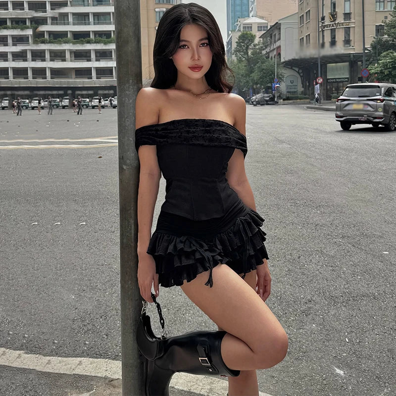 Candyhot Off Shoulder Solid Sexy Fashion Backless Strapless Fairycore Skirt Set 2025 Spring New Prom Party Evening 2 Pieces Set