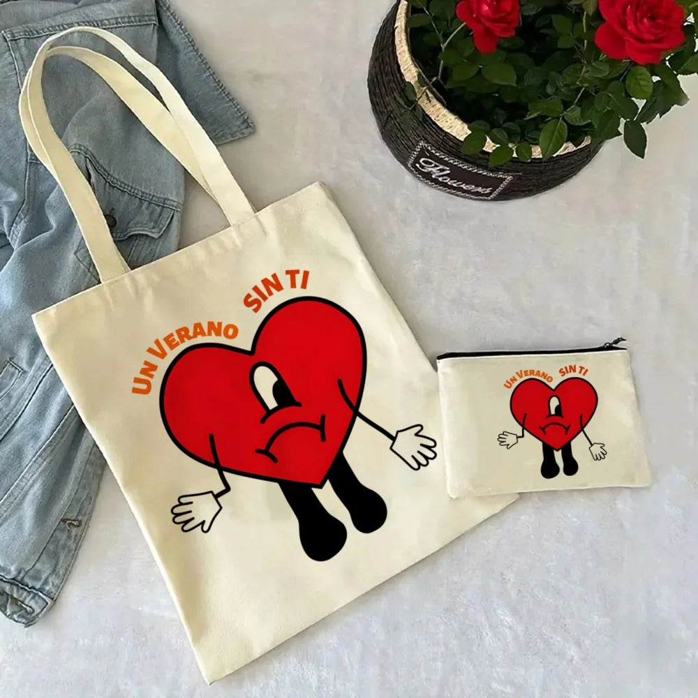 Un Verano Sin Ti Gift Bag Set, Bad Bunny Print Tote Bag, Casual Canvas Shoulder Bag with Mini Storage Bag