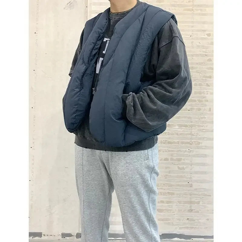 Linear Split Silhouette Autumn Winter Tops for Men Warm Loose High Street Padded Waistcoat Deconstructed Vibe Nylon Zipper Vest