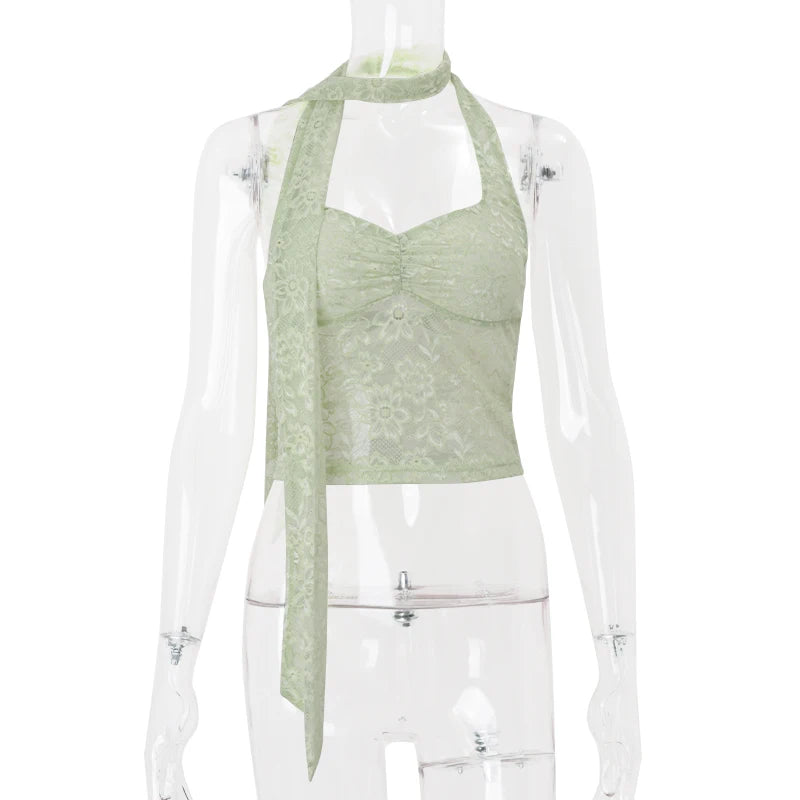 WhereMery Sexy Halter Lace See Through Crop Top for Women Summer Backless Party Street Tank Tops Y2K Fashion Basic T-Shirts Vest