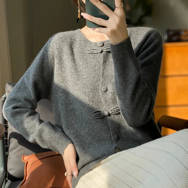 Women New Fashion Autumn Winter 100% Merino Wool Sweater O-neck Chinese Style Buckle Cardigan Soft Knitwear Female Clothing Tops