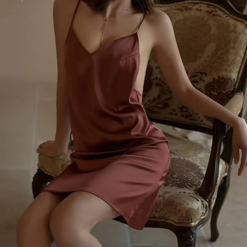 Sexy Pajamas Night Dress Women Sleepwear Deep V Suspender Nightdress Beauty Back Satin Nightgowns Thin Home Clothes