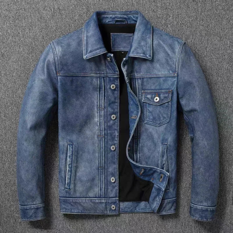 New Navy Blue Top Layer Cowhide Genuine Leather Jacket Men's Short Slim Fit Retro Motorcycle Lapel Casual Jacket Trendy
