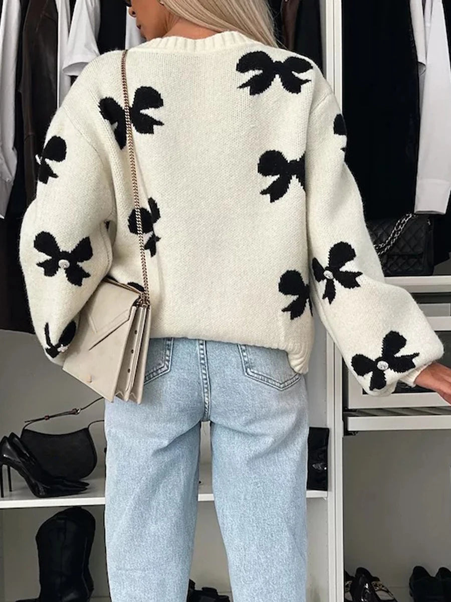 Combhasaki Women's Autumn Y2K Elegant Sweater Cardigan Lantern Long Sleeve Bow Print Pearl Decor Tied Split Front Knitwear Tops
