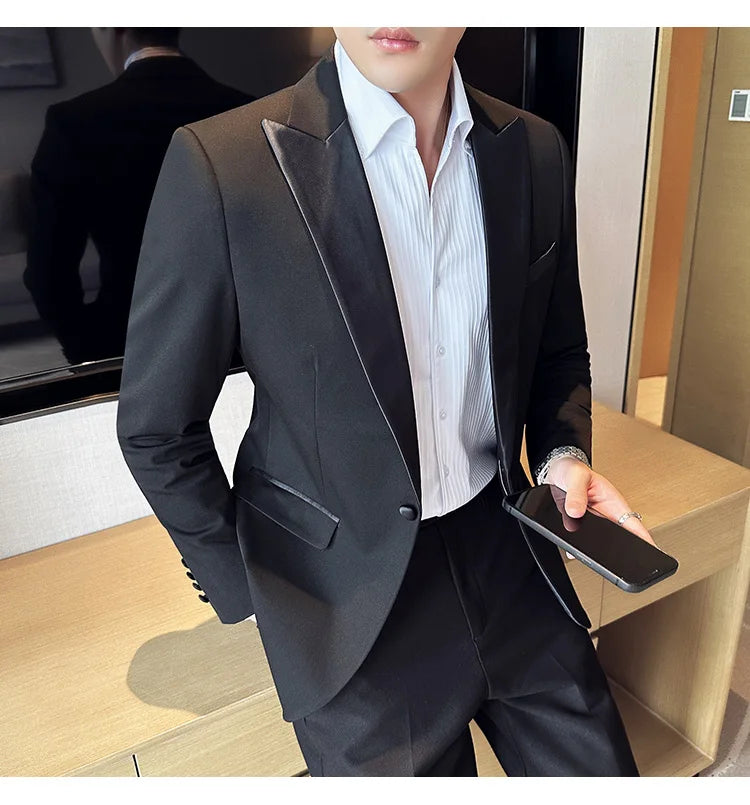 ( Jacket + Vest + Pants ) High-end Brand Boutique Fashion Men's Casual Business Black Smoking Suit Groom Wedding Dress Tuxedo
