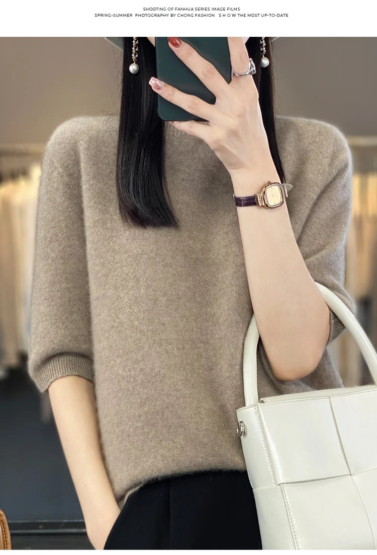 100% pure wool short sleeve summer new women's semi-high neck pullover blouse loose knit vest fashion T-shirt
