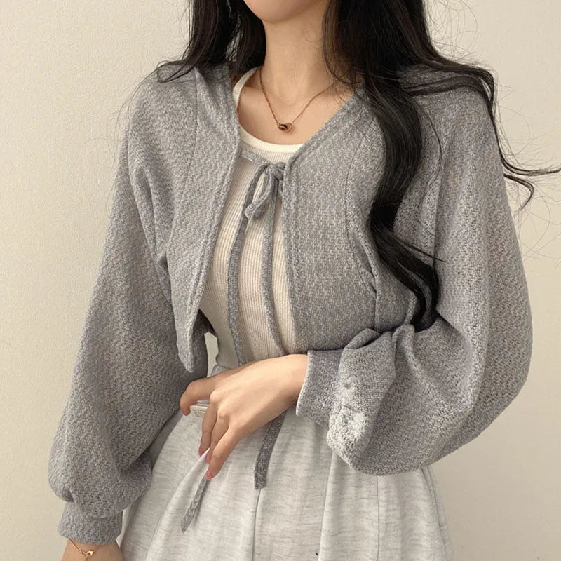 Rimocy 2023 Thin White Cardigan Women Summer Sunscreen Lace-Up Knitwear Top Female Korean Style Lantern Sleeve Short Coat Woman