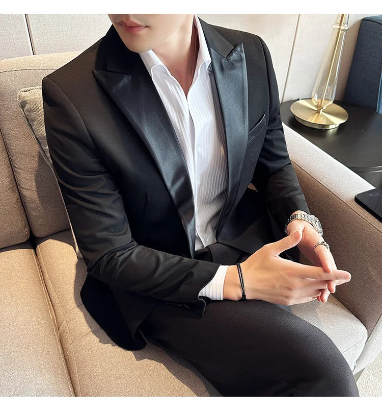( Jacket + Vest + Pants ) High-end Brand Boutique Fashion Men's Casual Business Black Smoking Suit Groom Wedding Dress Tuxedo