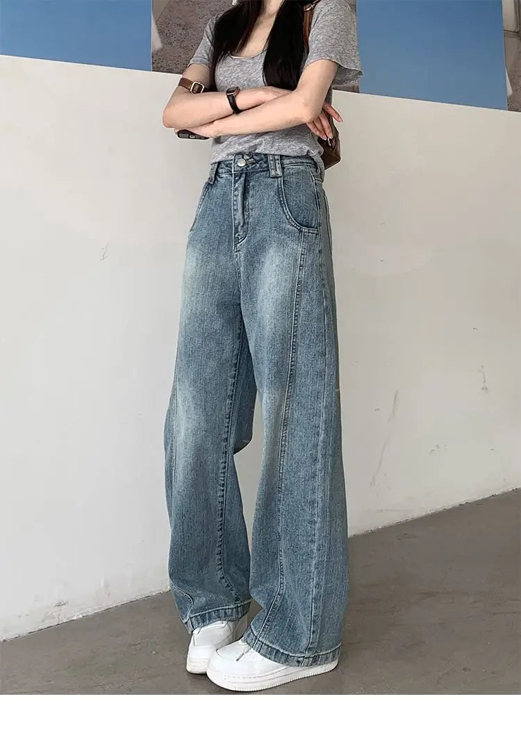 Vintage Baggy Jeans Womens' Loose-Fit Denim Pants Lightweight Bell Bottom Jean Retro Ladies' Denim Trousers Pockets Wide Pants