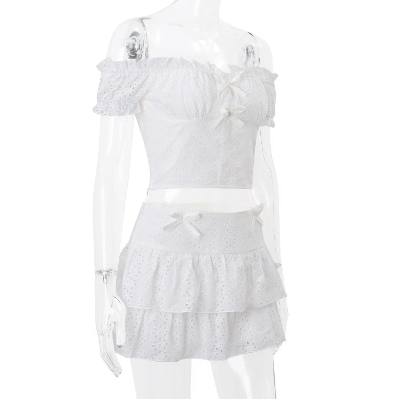 WhereMery Leisure Aesthetics Y2K Slim Two Piece Puff Sleeve Crop Top Ruffled Mini Skirt High Street Party Set Summer Basics 2024
