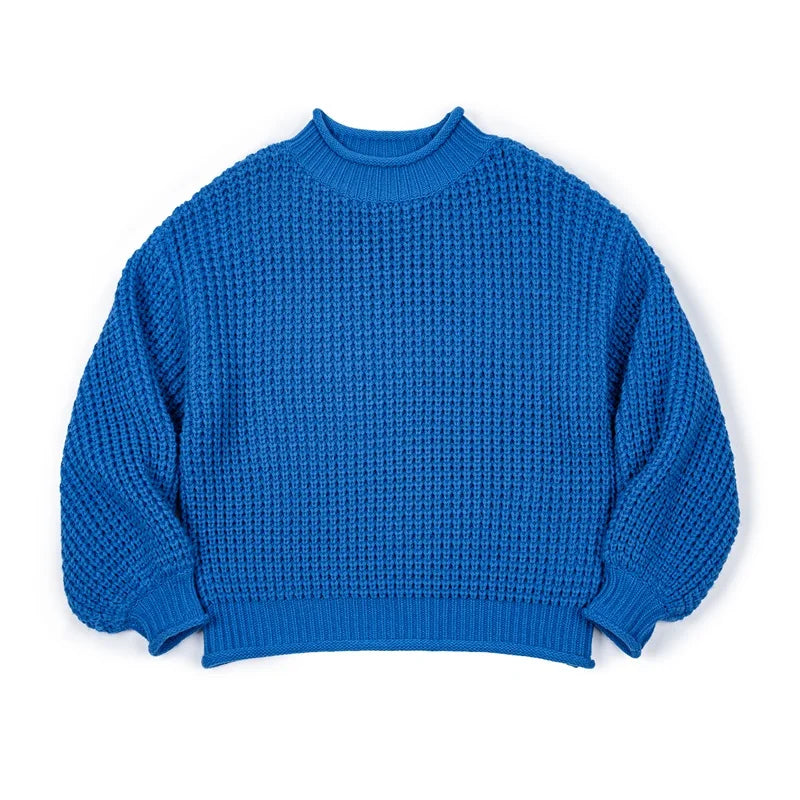 MADEN Women Cornflower Blue Knitted Sweater 2024 New Autumn Winter Long Sleeve Curled Collar Knitwear Warm Pullover Sweater