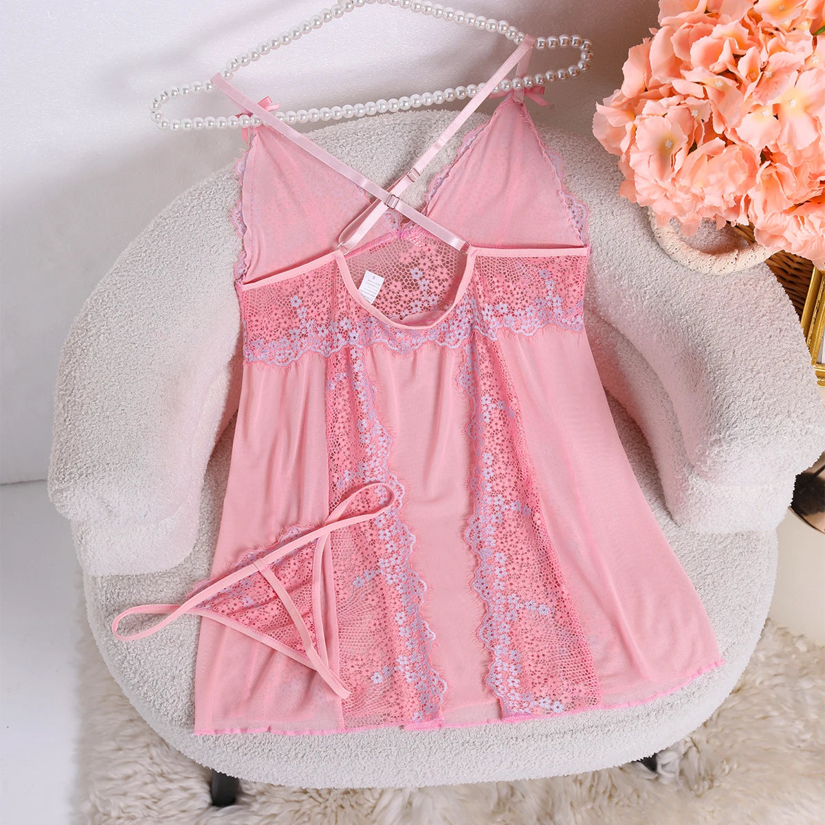 Sexy Solid Pink Slip Nightdress Contrast Laces V- Neck Backless Sleeveless Sling Dress Women's Sleepwear Babydoll Dresses Lace