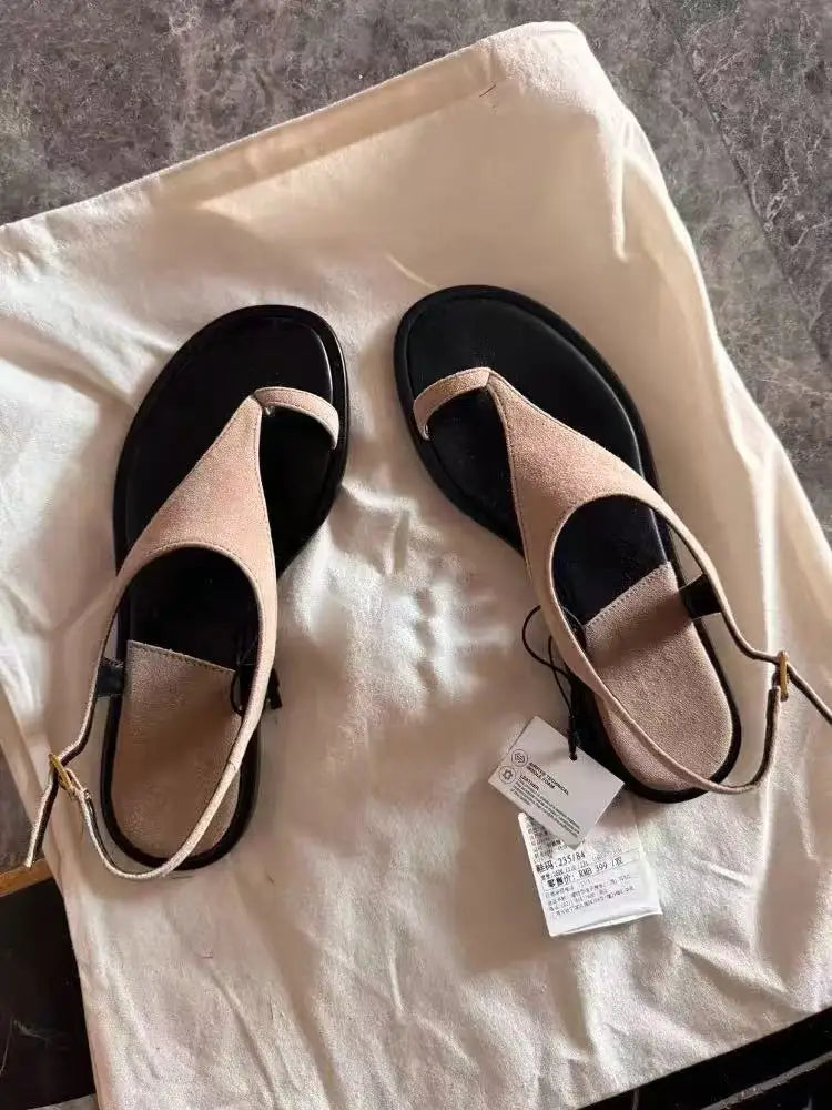 Retro Scrub Leather Sandals Women 2025 New Summer Outside Wear with Skirt Flat Toe Casual Roman Slippers