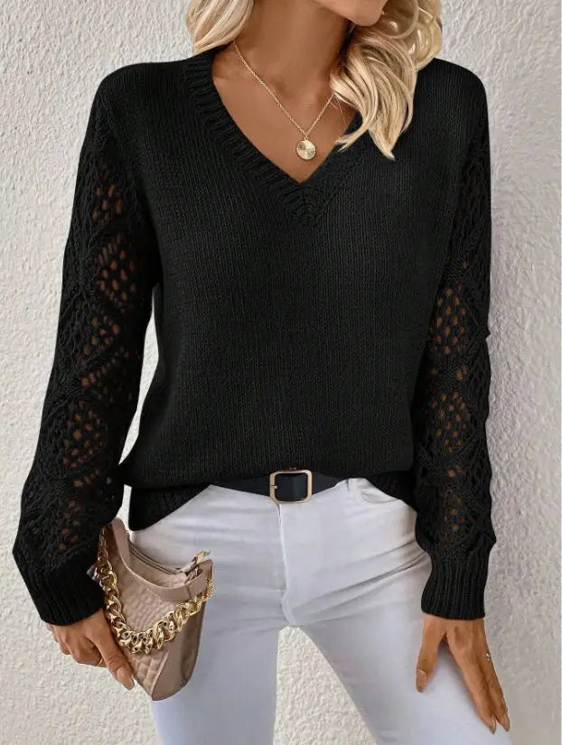 Autumn And Winter Fashion V-neck Pullover Sweater Elegant Women's Casual Hollow Long Sleeve Knitted Solid Color Loose Sweater