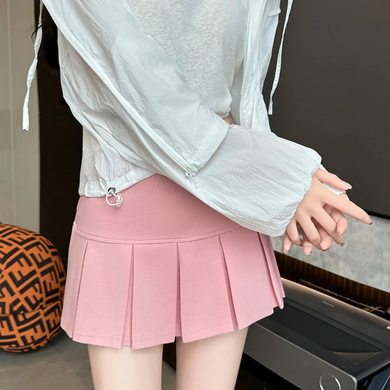 Korean Pleated Mini Skirt Women Summer 2025 New High Waist Wide Pleat Light Grey Sexy Vintage A-Line Pleated Skirt Casual Skort