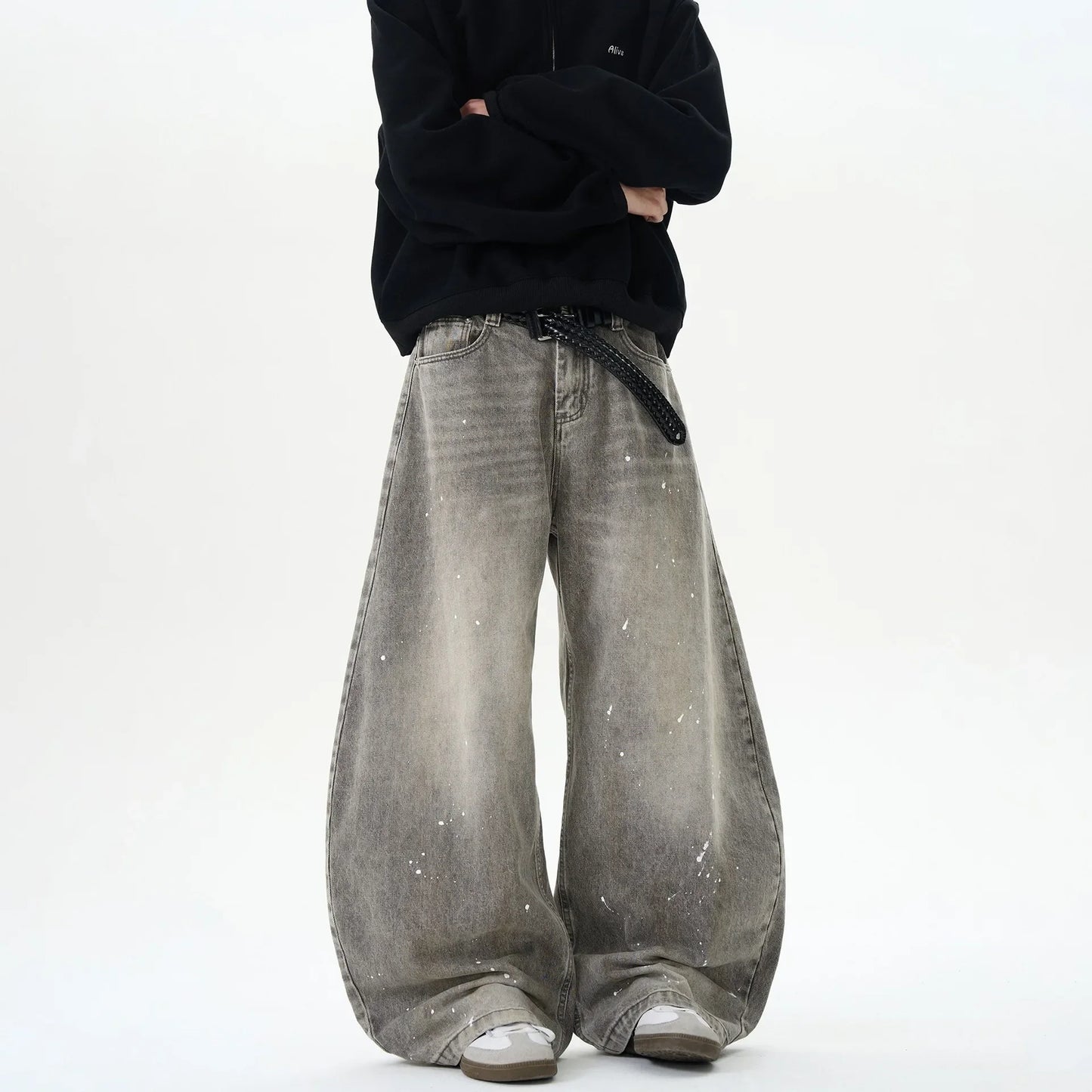 Retro American Washed Grey Splatter Ink Wide Leg Loose Jeans Men's Brand Street Style Loose Trousers Casual Straight Cut