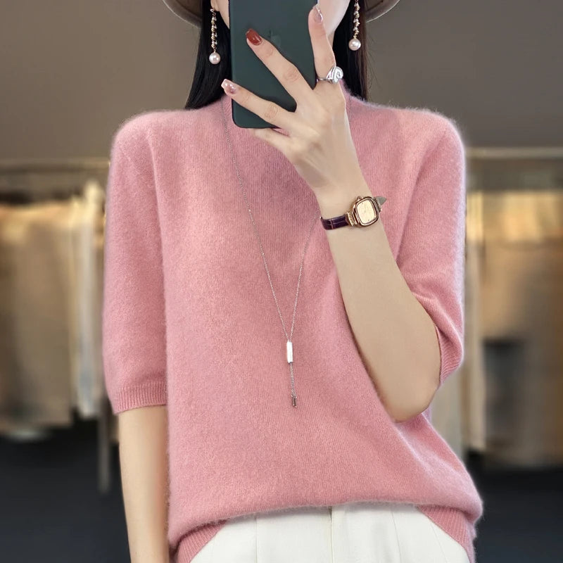 100% pure wool short sleeve summer new women's semi-high neck pullover blouse loose knit vest fashion T-shirt