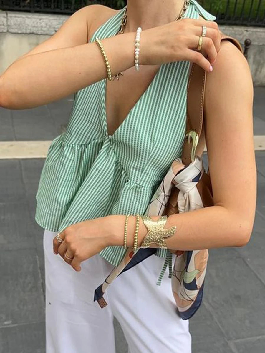 Women Plaid Babydoll Tank Tops Tie-up Halter Sleeveless Open Back Vest Summer Crop Shirts Streetwear