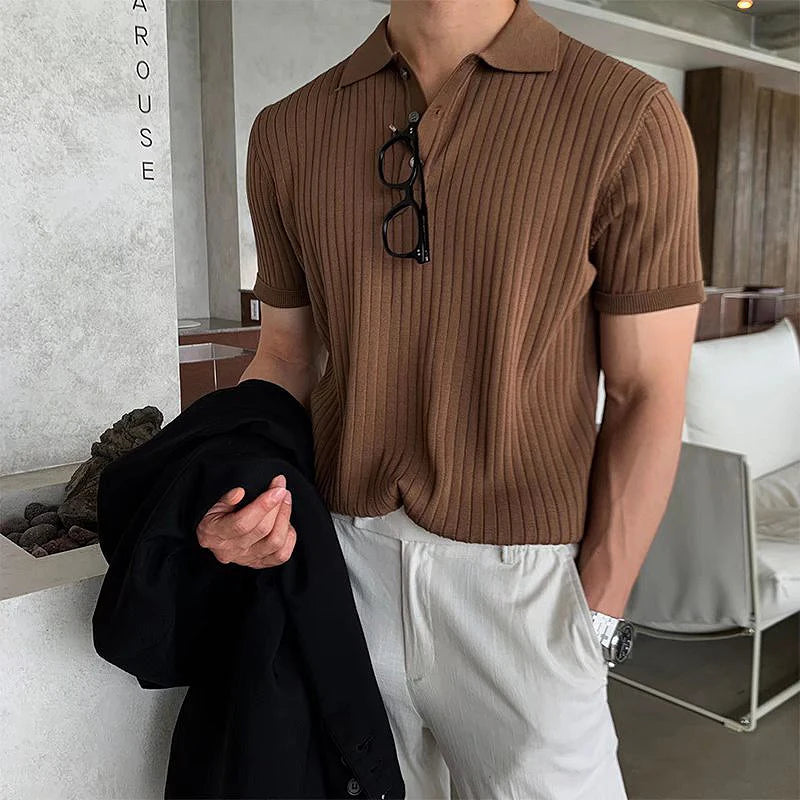 New Men Korean Style Polo Shirt Luxury Leisure Knited T-shirt Casual Striped Solid Color Short Sleeve Breathable Retro Knitwear