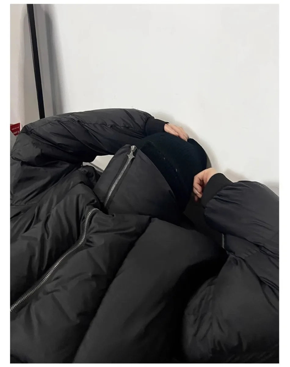Black Stand Collar Cotton Jacket Mens Heavy Weight Winter Trend High Street Short Parkas Thickening Warm Fluffy Bread Coats