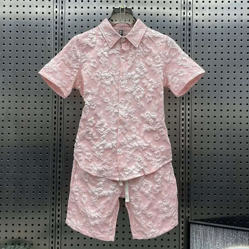 Summer New Relief Couple Thin Casual Two-piece Suit Men's Lapel Shirt Short Sleeve Trendy Shorts Comfortable Skin-friendly