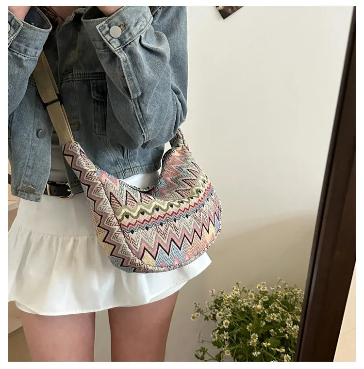 Wave Pattern Design Crossbody Bag for Women New Large Capacity Canvas Shoulder Bag Versatile College Students Dumplings Bag