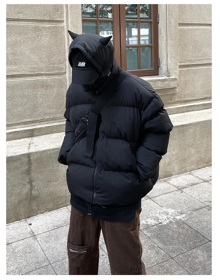 Cotton-Padded Hip Hop Parkas Men Devil Horns Winter Hooded Down Jacket Retro Y2K Thicken Puffer High Street Loose Bubbles Coats