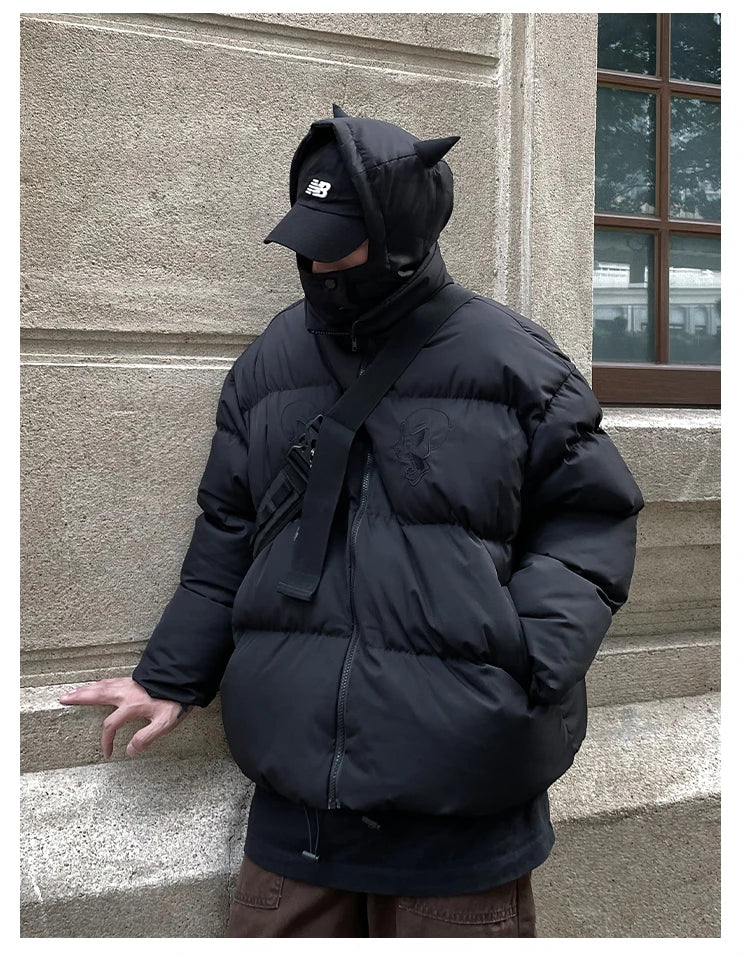 Cotton-Padded Hip Hop Parkas Men Devil Horns Winter Hooded Down Jacket Retro Y2K Thicken Puffer High Street Loose Bubbles Coats