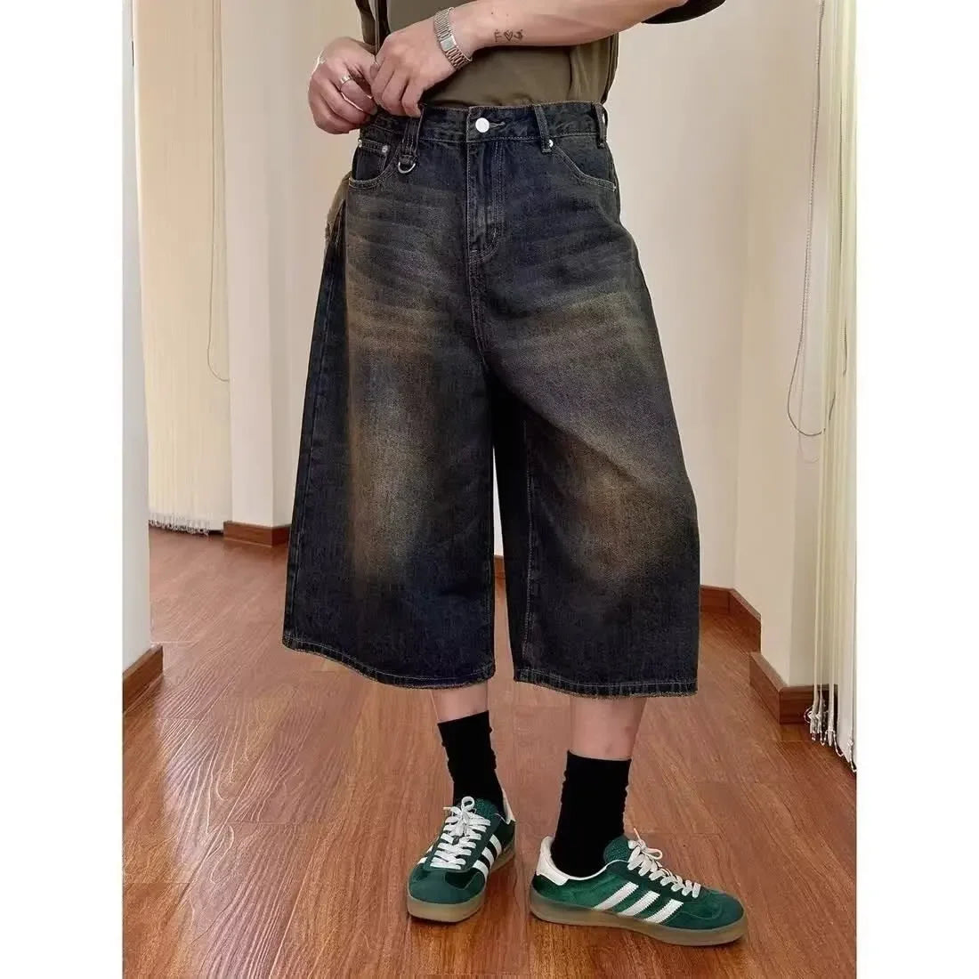 Retro Hong Kong Style Men's Loose Wide Leg Jeans Shorts Hip Hop Style Summer New Slimming Seven-Point Pants Trendy Casual Shorts