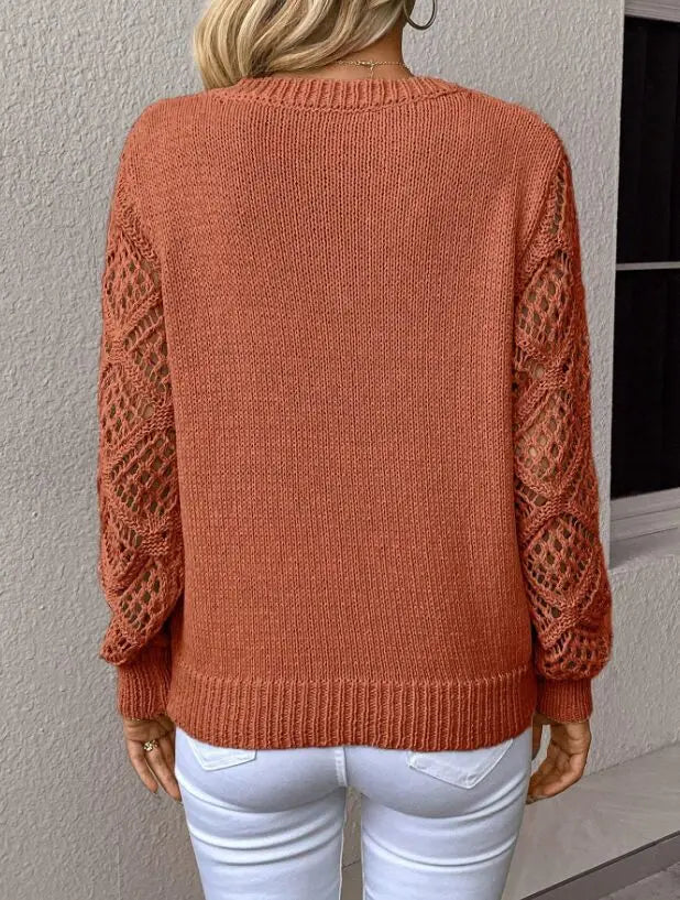 Autumn And Winter Fashion V-neck Pullover Sweater Elegant Women's Casual Hollow Long Sleeve Knitted Solid Color Loose Sweater