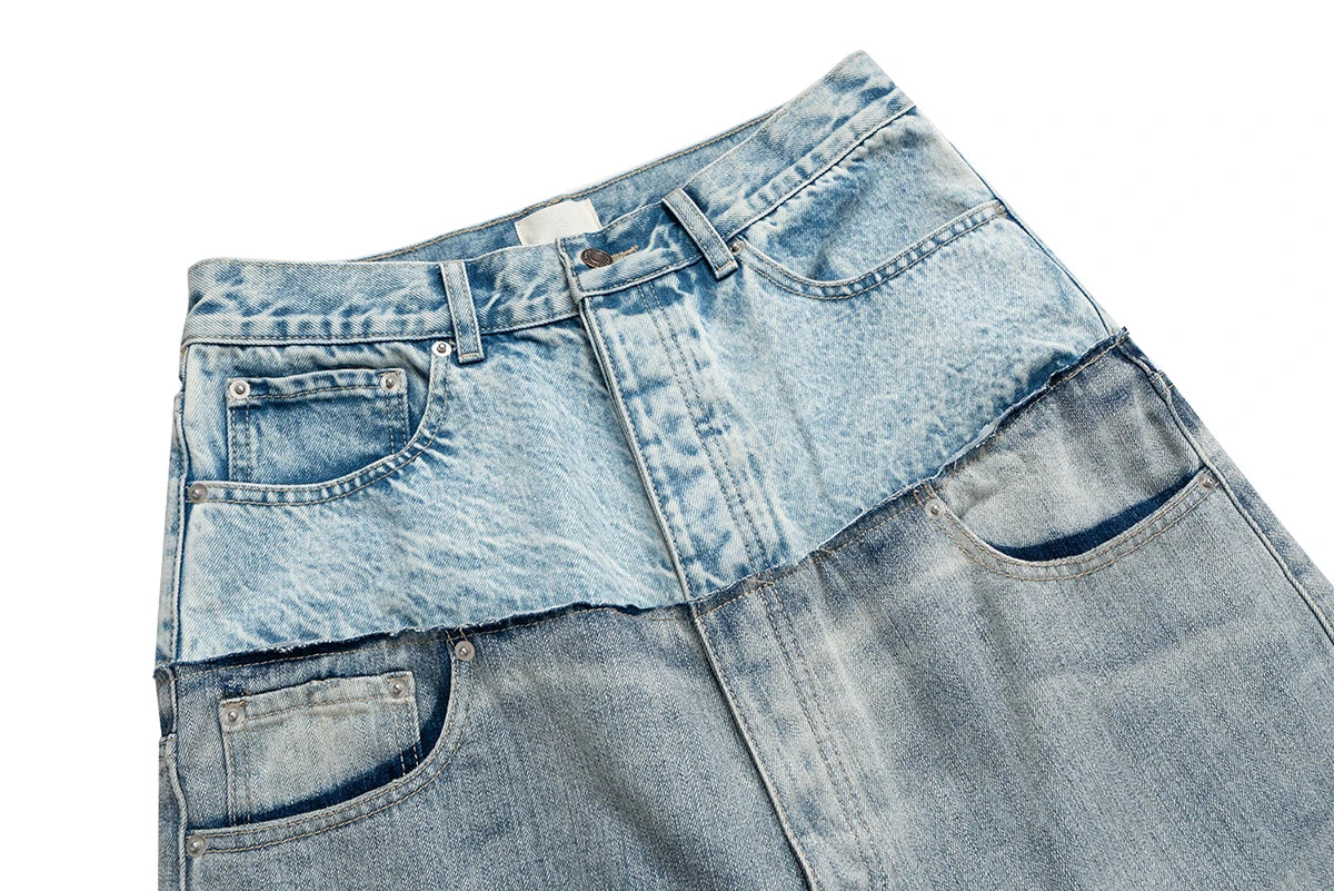 CUT-UP Double-layer Double Waist Patchwork Baggy Jeans for Men and Women Straight Casual Loose Denim Trousers Oversized