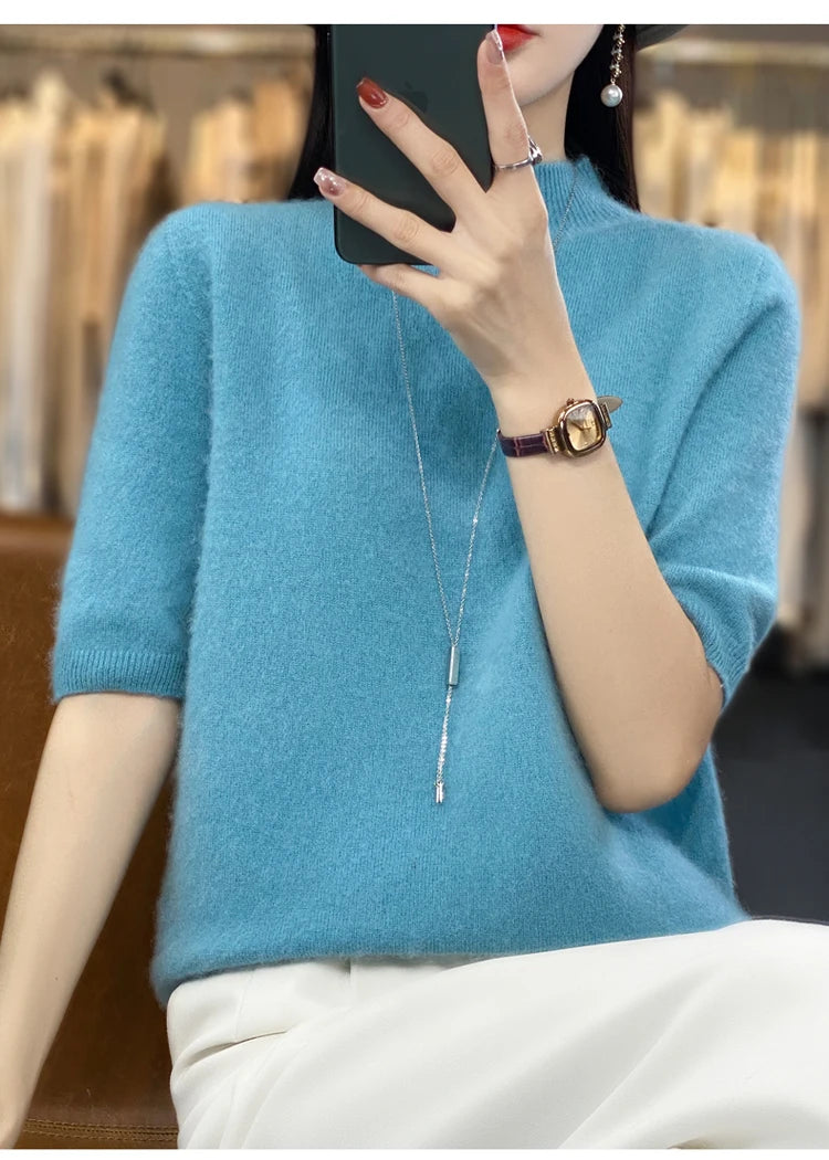 100% pure wool short sleeve summer new women's semi-high neck pullover blouse loose knit vest fashion T-shirt
