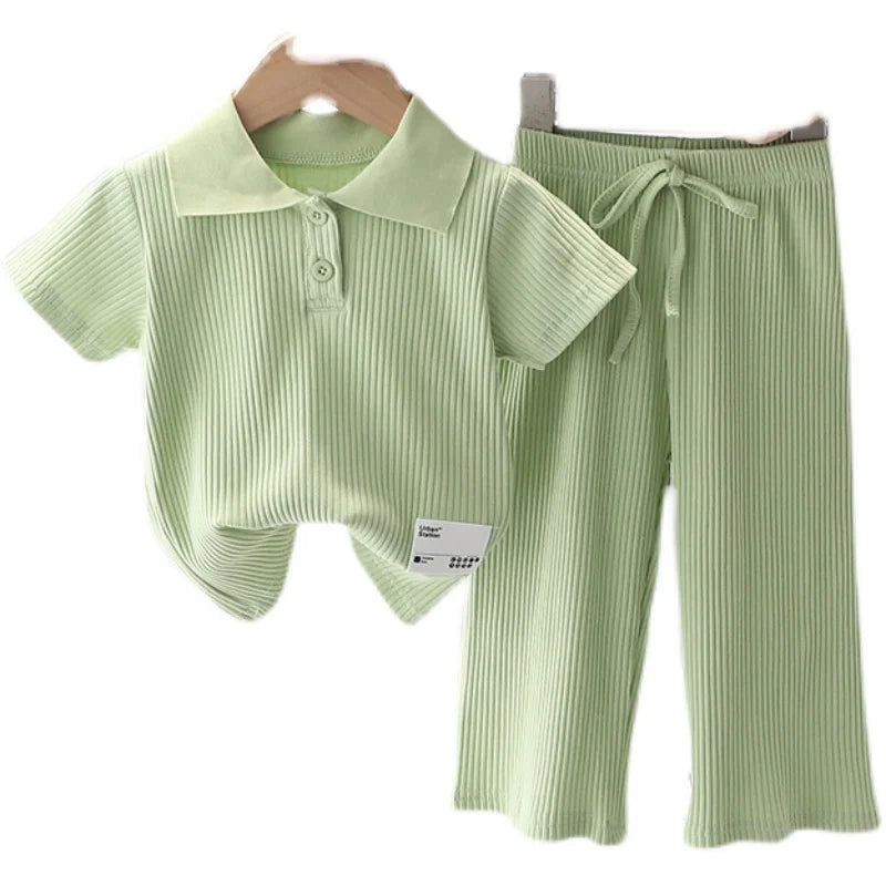 Summer Girls T-Shirt Set Short Sleeve Lapel Pullover Tops Elastic Waist Straight Pants Girl Casual Clothes 2Pcs Suits