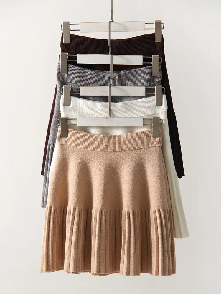 Knitted Pleated School Skirt Women Spring Winter Sexy A-line Women's Skirt Solid Casual High Waist Short Skirts For Woman Black
