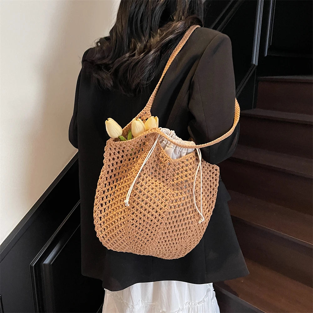 2025 Latest Summer Beach Straw Woven Tote Bag For Women 2-IN-1 Hollow-out Lightweight Large Capacity Shopper Shoulder Bag Female
