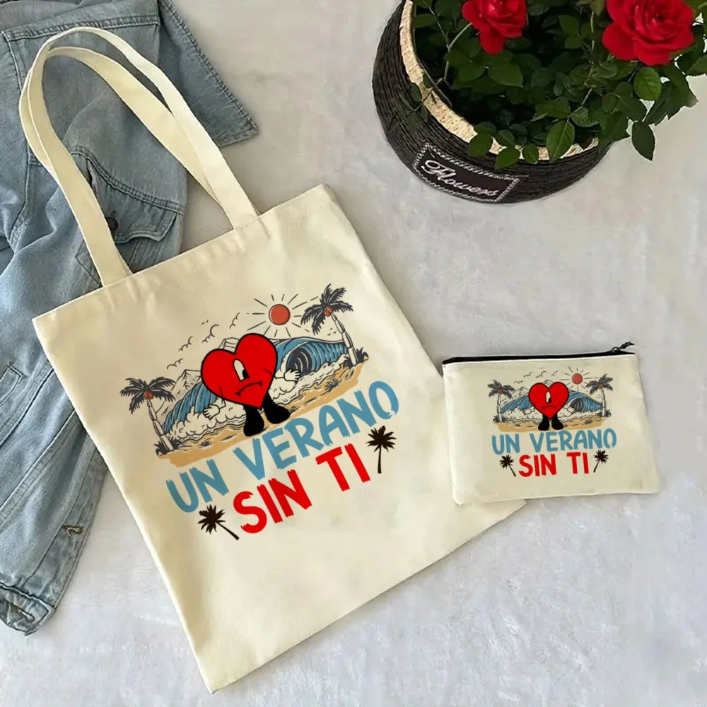 Un Verano Sin Ti Gift Bag Set, Bad Bunny Print Tote Bag, Casual Canvas Shoulder Bag with Mini Storage Bag