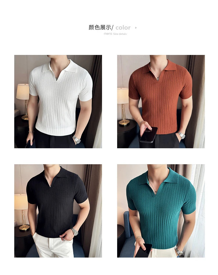 Men Striped Polo Shirt 2025 Summer Light Thin Breathable Solid Casual Elastic Slim Fit Short Sleeved V-neck T-shirt Men Clothing