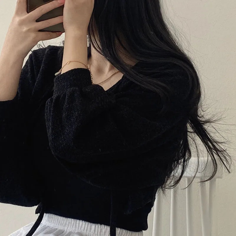 Rimocy 2023 Thin White Cardigan Women Summer Sunscreen Lace-Up Knitwear Top Female Korean Style Lantern Sleeve Short Coat Woman
