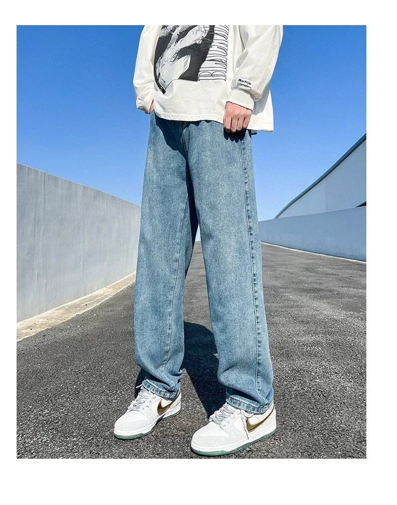Men's Jeans Spring Autumn Extend Straight Vintage Blue Casual Baggy Jeans Korean Trousers Classic Wide Leg Fashion Denim Pants