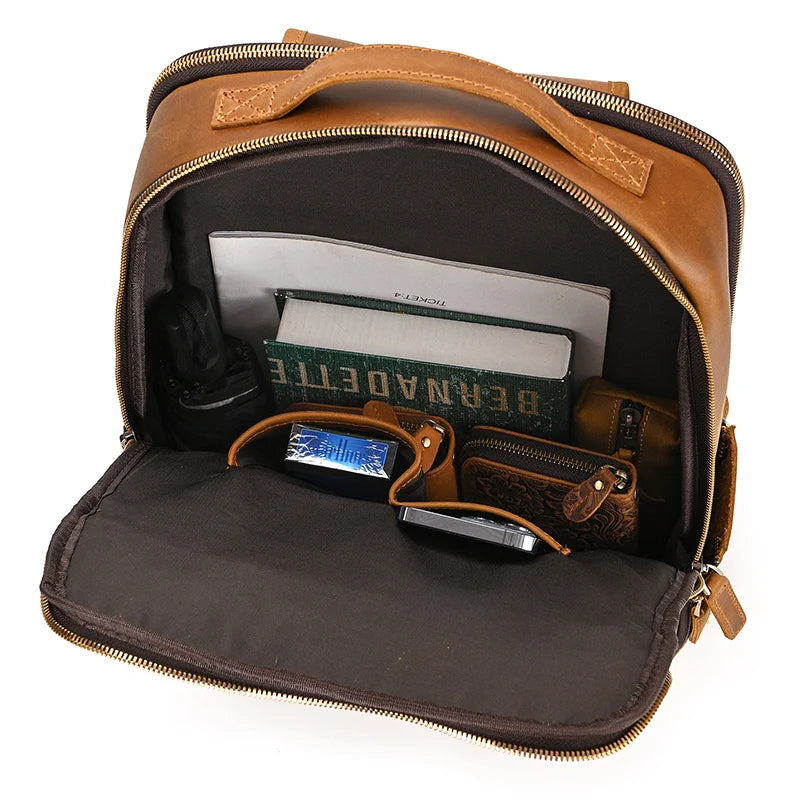 Vintage Travel Backpack leather double zipper bagpack male crazy horse leather backpack handmade leather travel bag men bag
