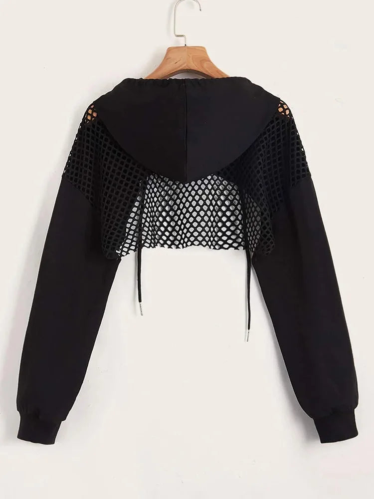 Street Sport Drop Shoulder Drawstring Hollow Out Super Crop Sports Hoodie Without Cami Top
