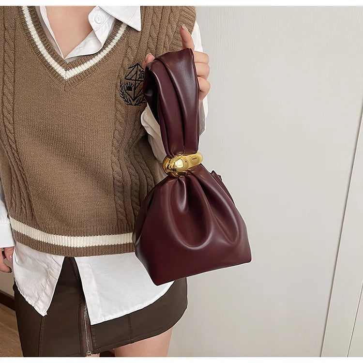 Solid Color PU Leather Handbag Pleated Cloud Shaped Women Bucket Bag, Fashionable Burgundy Women's Luxury Bag