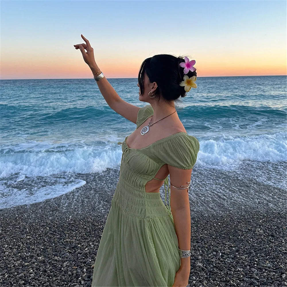 RLMABABY Fashion Casual Holiday Backless Maxi Bodycon Dress Women Summer Square Collar Short Sleeve Hottie Girl Sexy Long Dress