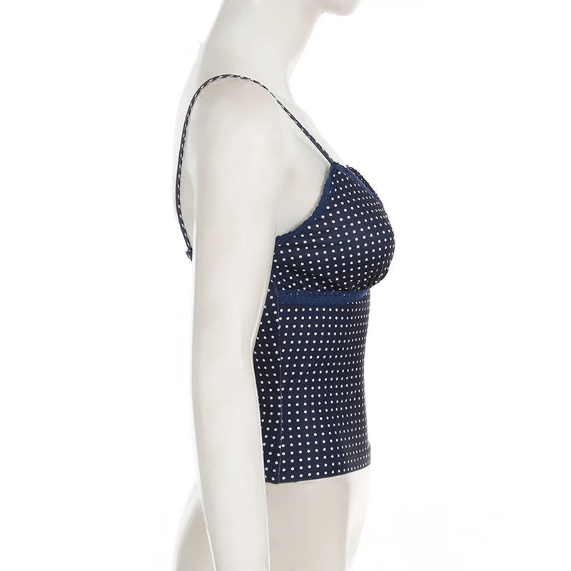 Darlingaga Fashion Polk Dot Printed Mini Camisole Women's Lace Patchwork Spaghetti Strap Summer Beach Cropped Tops Backless Y2K