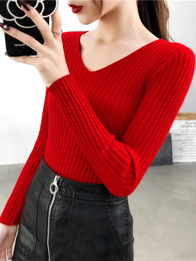 2025 V Neck Women Autumn Winter Sweaters Slim Knitted Pullovers Soft Warm Solid Jumper Female Sweater Casual Knitwear Jersey Top