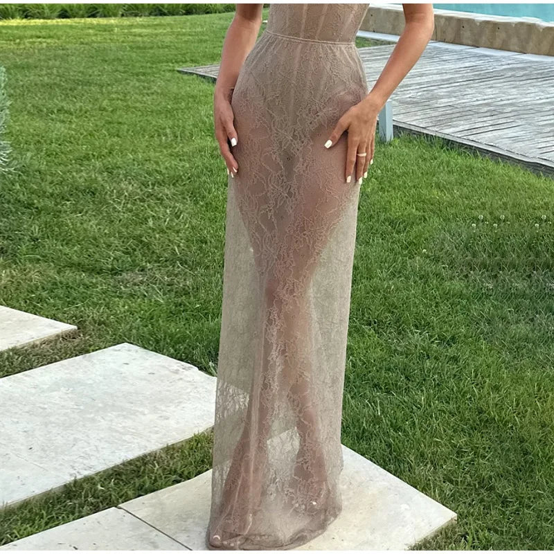 Sexy Fishbone Jumpsuit Lace Skirt Set Women Slim Sleeveless Top Fishtail See Through Long Skirts 2025 Summer Beach Lady Outfits