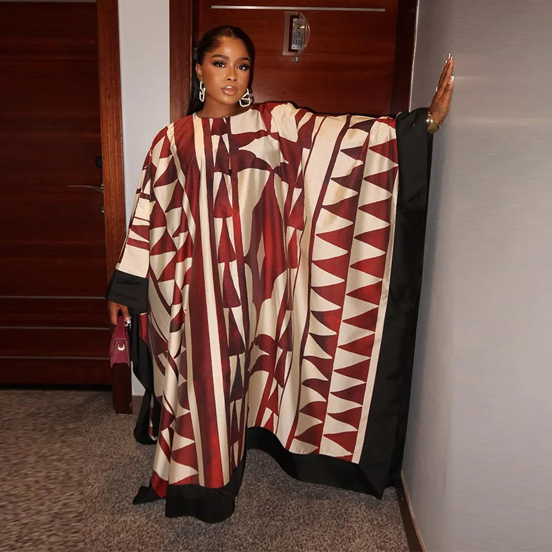 Fashion Print Pleated Long Dresses Women Party O-neck Full Sleeve Female Holiday Dresses 2025 Summer Lady Elegant Robes